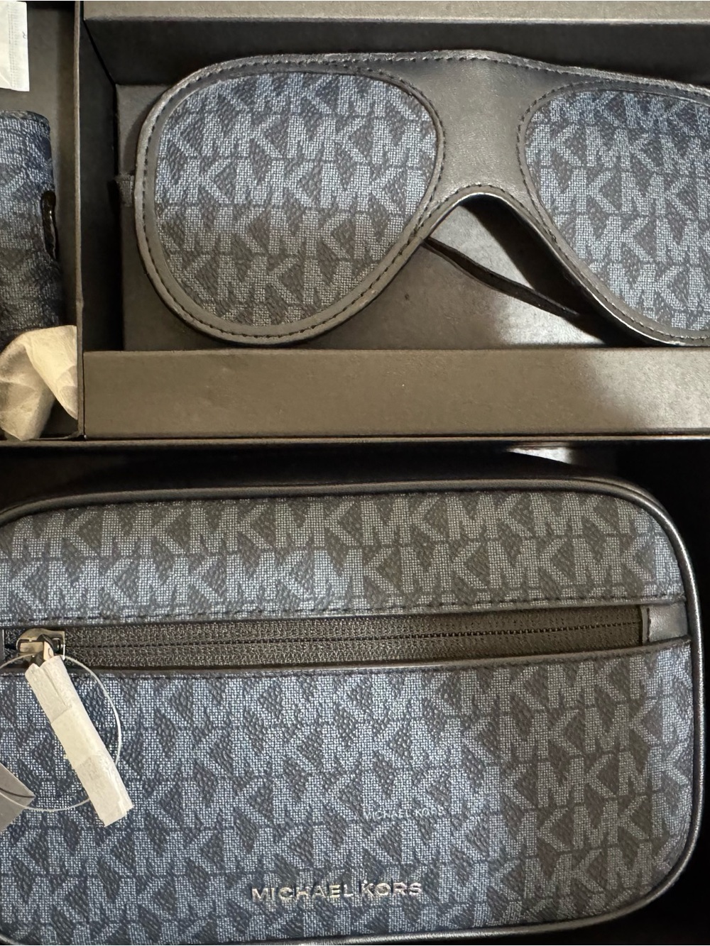 Michael Kors Men's blue Monogram Toiletry Pouch with Matching Eye Mask